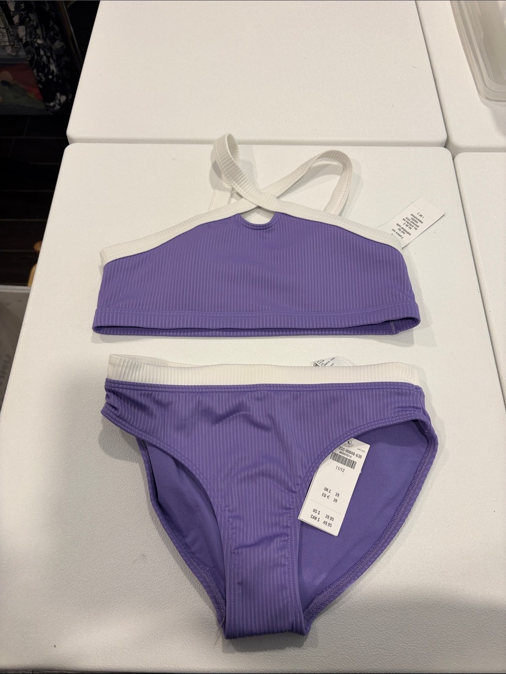 abercrombie kids Purple Ribbed Two-Piece Swim Set with White Trim